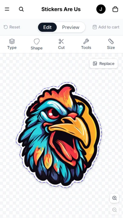 Stickerfi mobile designer with a die-cut rooster sticker design and the Type, Shape, Cut, Tools, and Size toolbar