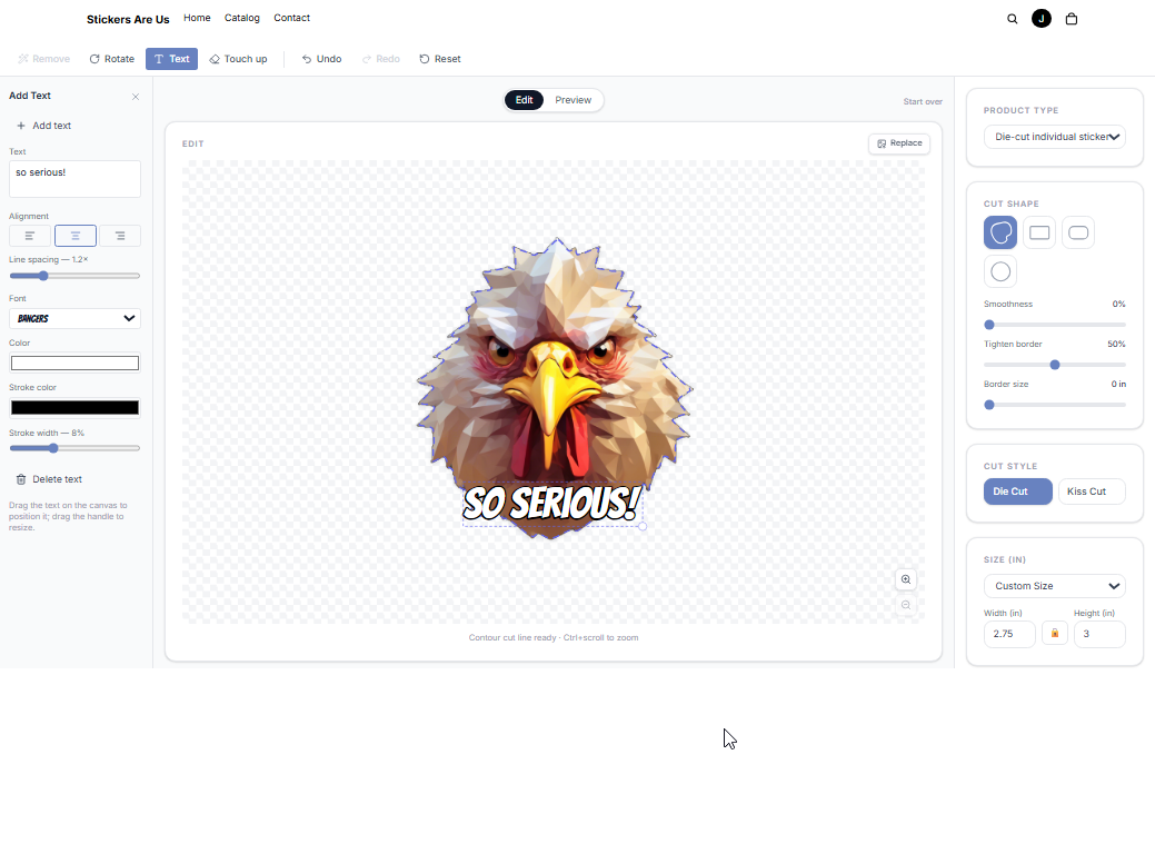 The full Stickerfi designer on desktop, pre-filled from the funnel