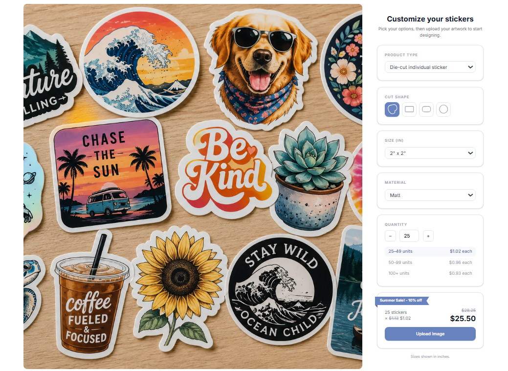 Stickerfi landing-page funnel with shape, size, material, and quantity options and a live price