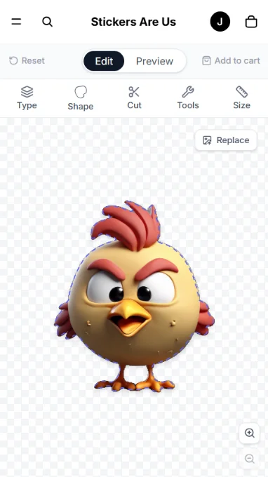 Stickerfi mobile sticker editor with a cartoon rooster design and an automatically traced cut line