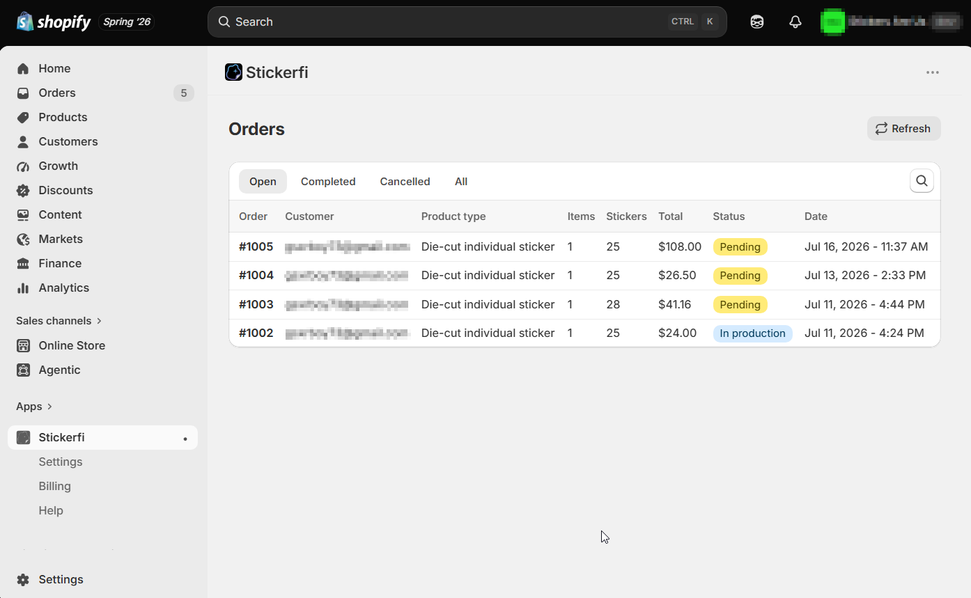 Stickerfi merchant dashboard listing incoming custom sticker orders