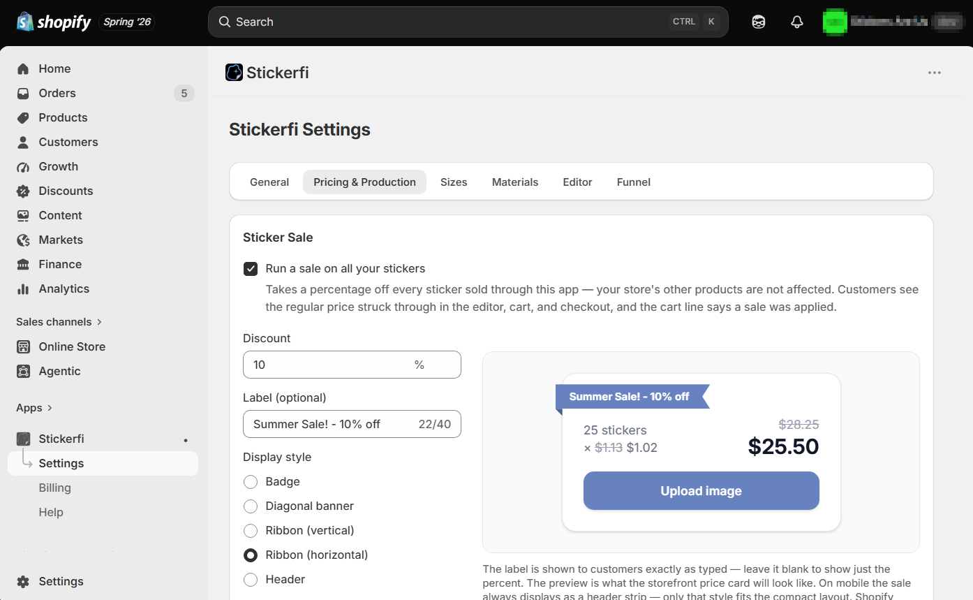 Stickerfi settings for theming, pricing, and materials