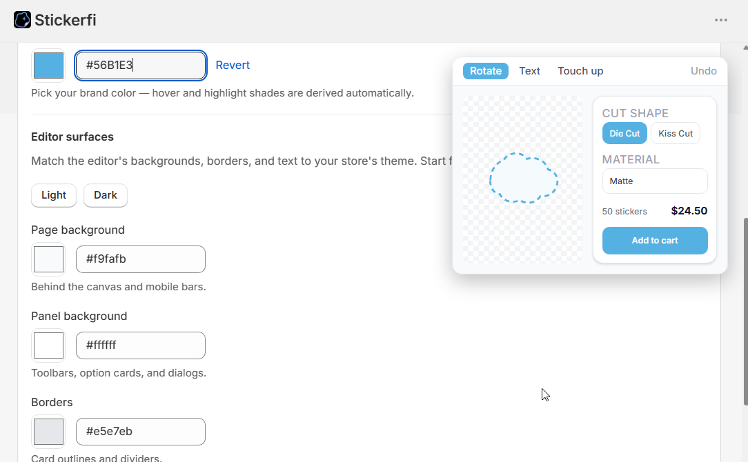 Stickerfi editor themed with a light base and a store's brand color