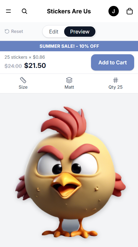 Stickerfi mobile editor in preview mode showing the finished sticker with live pricing and an Add to Cart button