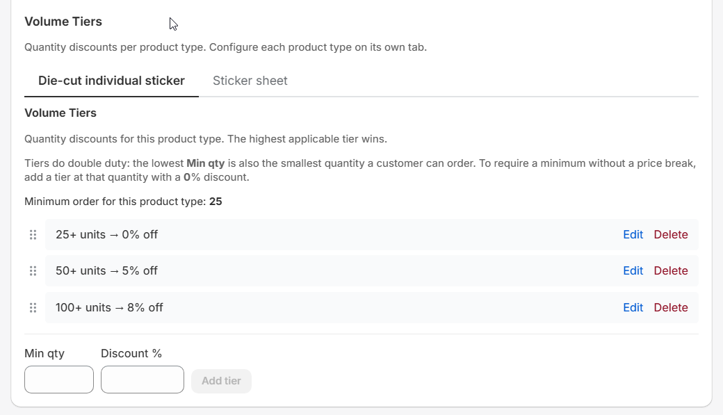 Stickerfi volume-tier pricing configuration
